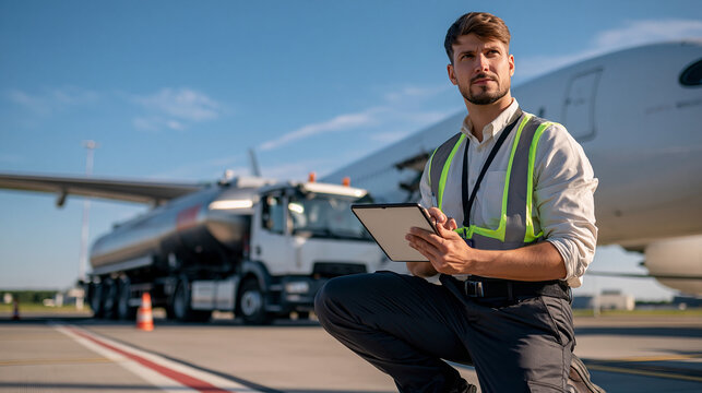 Airport tarmac with aircraft fuel truck and worker using mobile device showcasing sustainable aviation fuel delivery and low carbon logistics