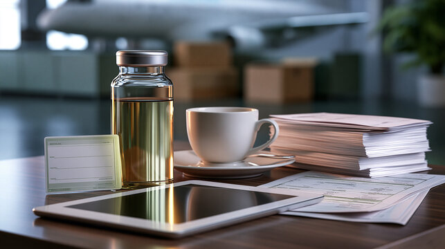 Aviation fuel sample container with blank certification card tablet and logistics documents showcasing SAF chain of custody verification