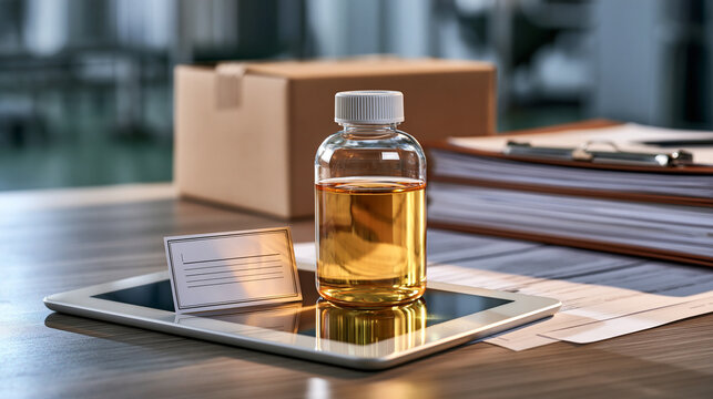 Aviation fuel sample container with blank certification card tablet and logistics documents showcasing SAF chain of custody verification