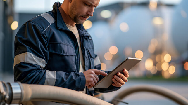 Technician verifying sustainable aviation fuel batch traceability with tablet at airport fuel depot showcasing clean energy logistics