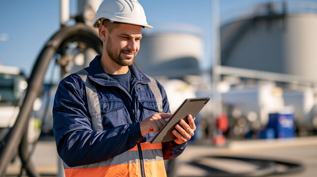 Technician verifying sustainable aviation fuel batch traceability with tablet at airport fuel depot showcasing clean energy logistics