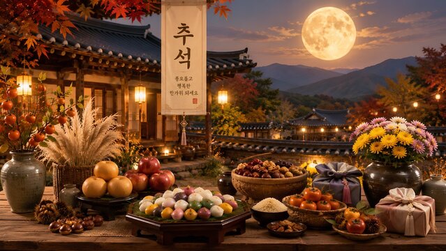 Traditional Chuseok harvest feast under the full moon - ai generative