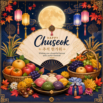 Happy Chuseok greeting with traditional Korean harvest festival elements - ai generative