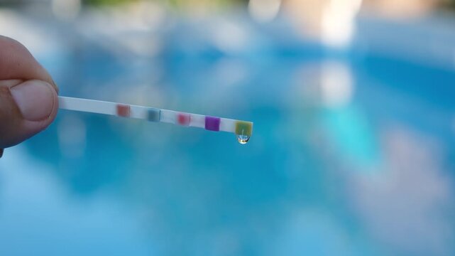 Testing Pool Water pH with Test Strip. Home Swimming Pool Water Quality Control. Minimal. Copy space. Shallow Depth of Field.