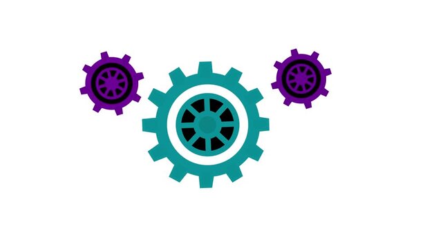 Turquoise and purple gears rotating in a repeating pattern against a clean white background