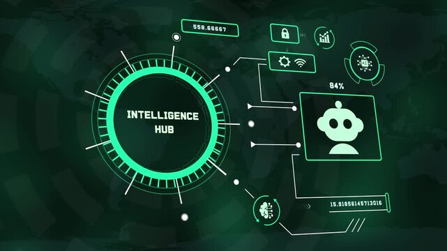 Cyber visual dashboard displaying intelligence hub concept with robot icon and futuristic green HUD graphics