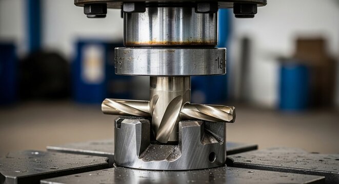 Heavy industrial hydraulic press crushing a metal tool in a manufacturing facility