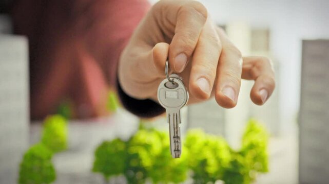 A close-up of shiny keys in a man's hand against a backdrop of miniature residential complexes and a green park. Conceptualization of renting a home and handing over keys to a new tenant