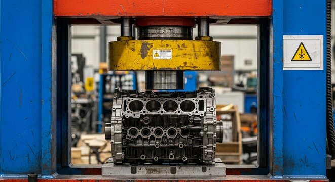 Heavy industrial hydraulic press crushing an automotive engine block in a manufacturing facility