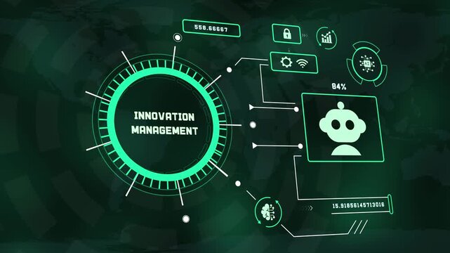 Modern green HUD dashboard displaying innovation management title with robot icon and data network graphics