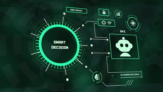 Cyber HUD digital background featuring smart decision text with artificial intelligence icon and high tech metrics.
