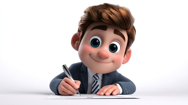 Cartoon Businessman Writing: A cheerful cartoon businessman in a suit writes with a pen, his bright blue eyes sparkling with enthusiasm and a confident smile.