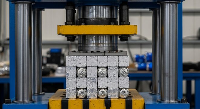 Industrial hydraulic press compacting aluminum cans into dense blocks for efficient recycling and material reduction