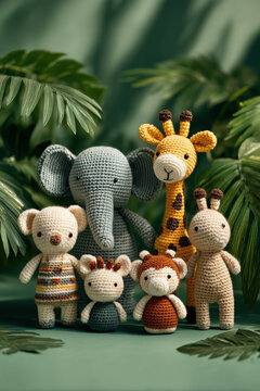 crocheted amigurumi animals of the jungle, elephant giraffe monkey rabbit and two bears grouped among broad green leaves, photorealistic.png