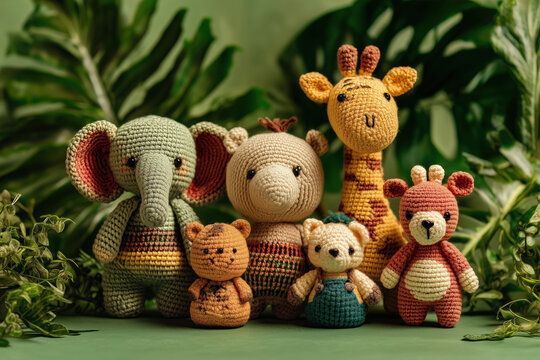 crocheted amigurumi animals of the jungle, elephant giraffe lion tiger bear and monkey grouped among leafy vegetation, photorealistic.png