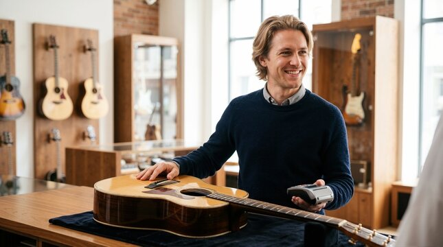 Smiling man paying for an acoustic guitar at a music store counter. Male customer purchasing a musical instrument using a card terminal