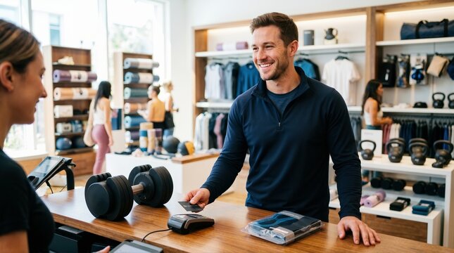 Happy man purchasing fitness equipment at a modern gym store counter. Smiling male customer paying with a credit card for an adjustable dumbbell