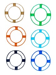 Hand drawn lifebuoy icons in six colors arranged in a clean grid. Playful, minimal nautical symbols evoking water safety, rescue, summer, beach and maritime design for creative projects. © Lani