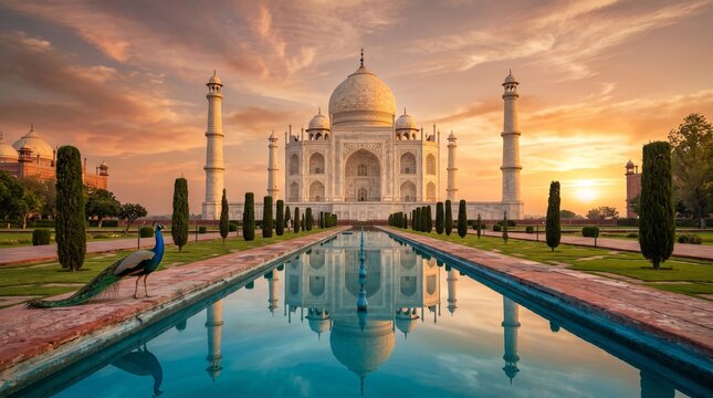 Breathtaking Sunset View of Iconic White Marble Mausoleum Surrounded by Lush Gardens and Reflections