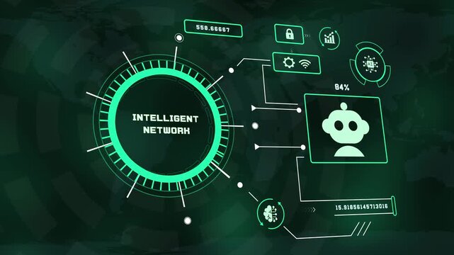 Intelligent network HUD visual featuring futuristic artificial intelligence UI dashboard interface display with robot bot icon data background.