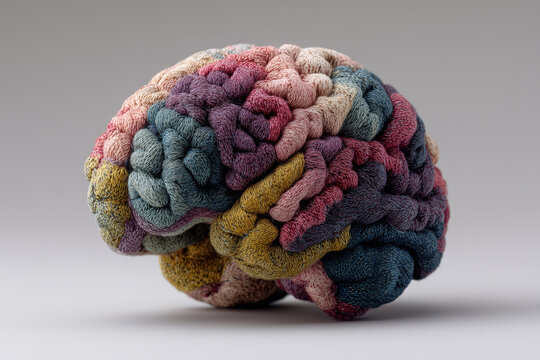 crocheted amigurumi human brain made of thick multicolored purple blue pink yellow and green yarn on pale gray studio background, photorealistic.png