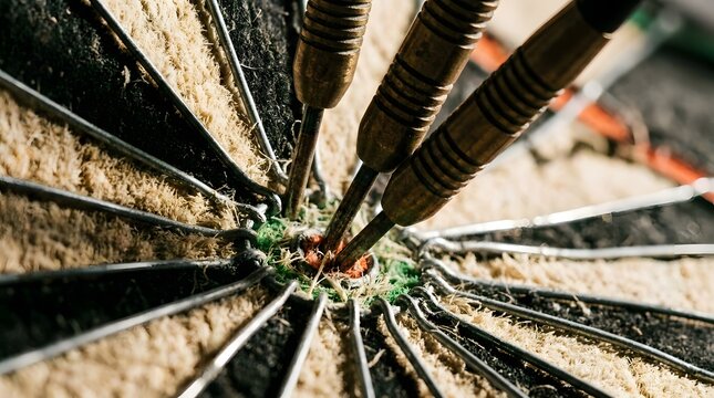 Three brass darts hitting the exact center bullseye of a textured sisal board for ultimate business success and perfect precision targeting concepts