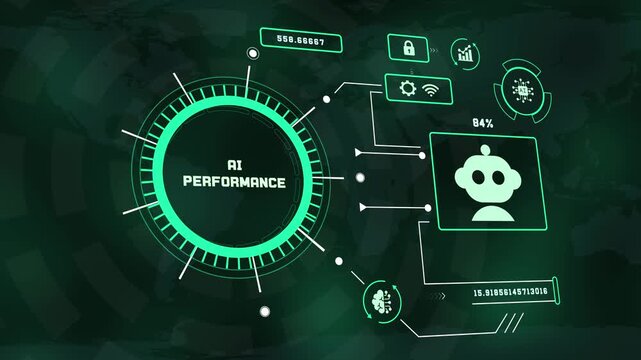 AI performance HUD dashboard visual displaying artificial intelligence system analytics UI interface with robot bot icon and digital data screen.