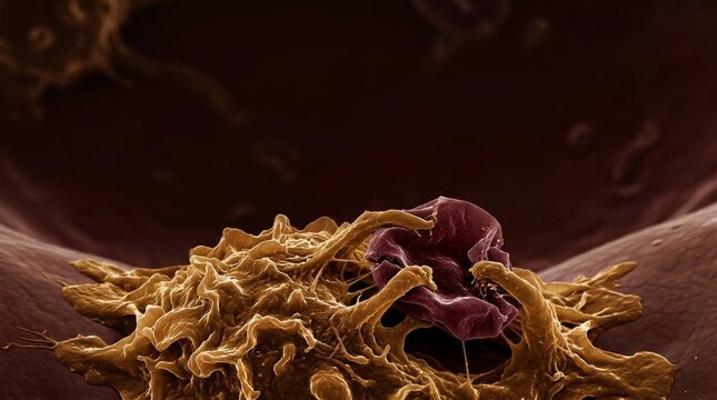 Kupffer Cell Dismantling Red Blood Cell: A detailed microscopic visualization of a spiky Kupffer cell, a specialized liver macrophage, actively engulfing and breaking down an aging red blood cell