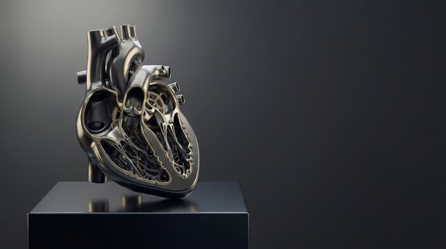 Futuristic Mechanical Heart: A highly detailed, metallic artificial human heart featuring intricate mechanical parts, pipes, and valves, resting on a small pedestal against a dark background