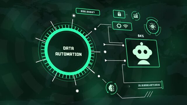 Data automation HUD UI panel featuring futuristic artificial intelligence system dashboard visual with robot bot icon technology background.