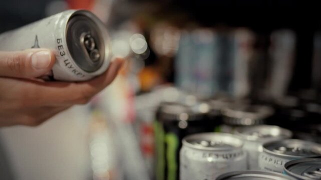 A hand reaches for an aluminium can of sparkling drink from a store shelf with rows of other beverages clearly visible in the background