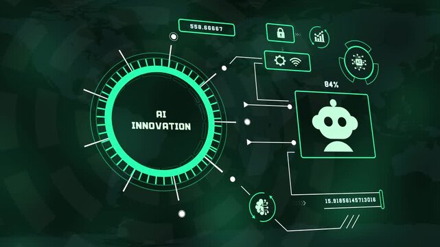 AI innovation HUD dashboard concept featuring futuristic artificial intelligence interface with robot bot icon digital data screen.