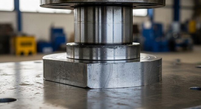 Powerful hydraulic press mechanism crushing dense material with immense force in industrial setting