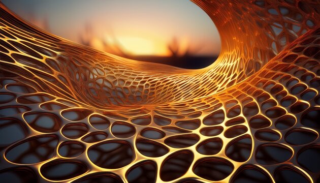 abstract modern architectural metal mesh with organic voronoi pattern in golden hour light