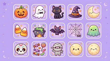 Obraz premium Cute halloween icon set with kawaii characters including pumpkin, ghost, black cat, witch hat, moon, candy corn, cauldron, bat, spider web, skull, sweets, and mummy