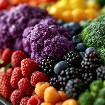Close up of fresh berry and vegetable mix with raspberries blackberries broccoli