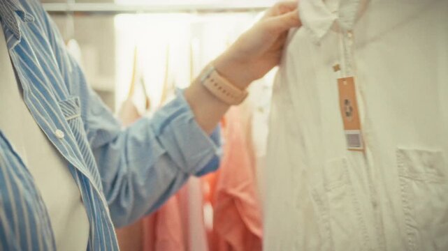 A shop assistant scans a clothing tag with a red beam scanner in a retail store surrounded by multiple garments hanging on racks. Product data is being entered into the store system