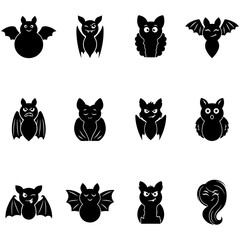 Obraz premium Set of Cute Black Cat Silhouettes in Various Poses, Adorable Pet Animal Collection, Minimal Cartoon Vector Icons and Illustrations for Halloween and Cat Lover Designs
