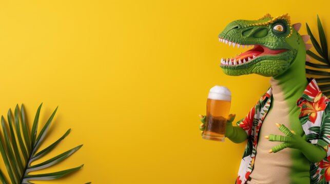 Colorful Dinosaur in Hawaiian Shirt Holding Beer on Bright Yellow Background with Tropical Leaves