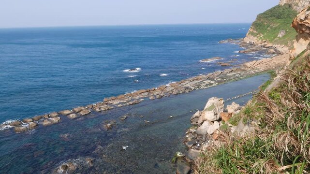 Fallen sink ridge view from cliff, bird's eye height rocky shore scenery. Yehliu Geopark, popular sightseeing place in Taiwan. Yeh-Liou is cape on north coast of Taiwan in Wanli town