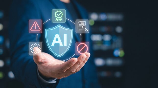 Ai governance and compliance concept, businessman holding a digital shield with artificial intelligence icons representing regulation