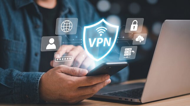 Person using a smartphone with a virtual private network vpn digital interface for secure internet connection and data privacy