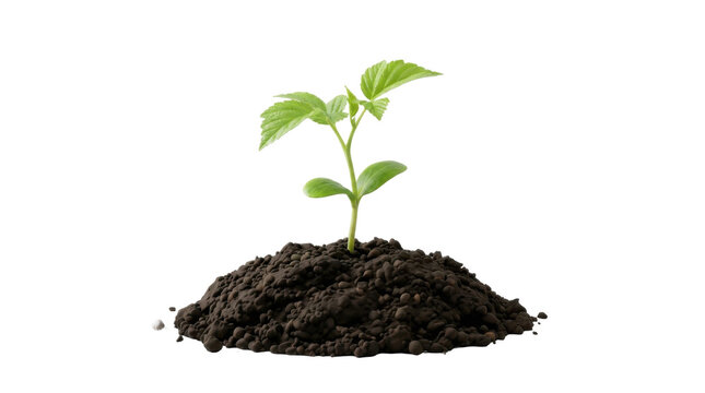 Young green plant seedling growing from dark rich soil with small pebbles and white granules PNG Isolated on transparent background