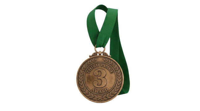 Bronze Third Place Award Medal with Green Ribbon for Competition and Achievement PNG Isolated on transparent background