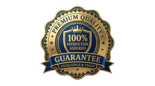 Golden premium quality guarantee badge with 100 percent satisfaction assured and excellence trust text PNG Isolated on transparent background