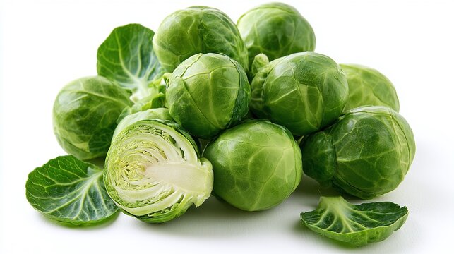 Freshly harvested green sprouts, some whole and one halved, showcasing vibrant textures and healthy organic produce on a clean white background, perfect for food, diet, and healthy lifestyle themes