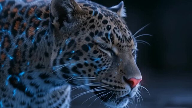 A mystical leopard with glowing eyes and bioluminescent fur patterns walking on a dark reflective surface in a fantasy setting