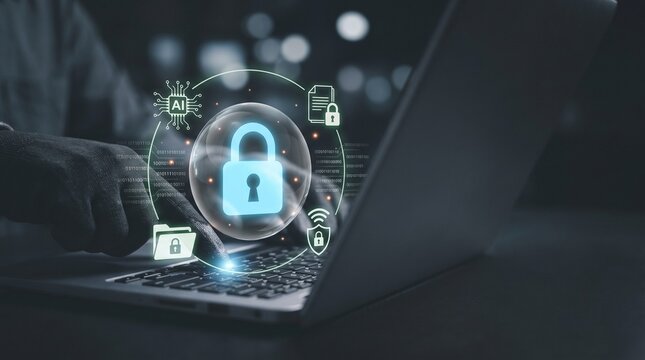 Cybersecurity concept with a hacker using a laptop to breach digital data protection, featuring ai and network security icons