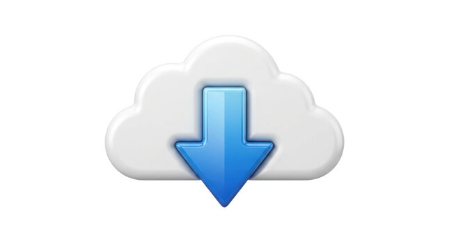 Cloud download icon with blue arrow pointing down for data transfer and storage concepts PNG Isolated on transparent background