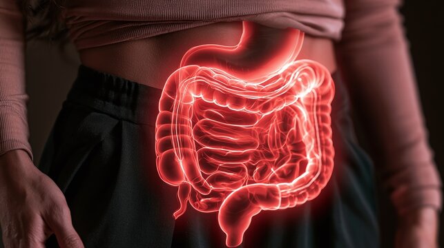 Vibrant red digital overlay of healthy human intestines and digestive system on a person's midsection, highlighting anatomical structure and internal health awareness
